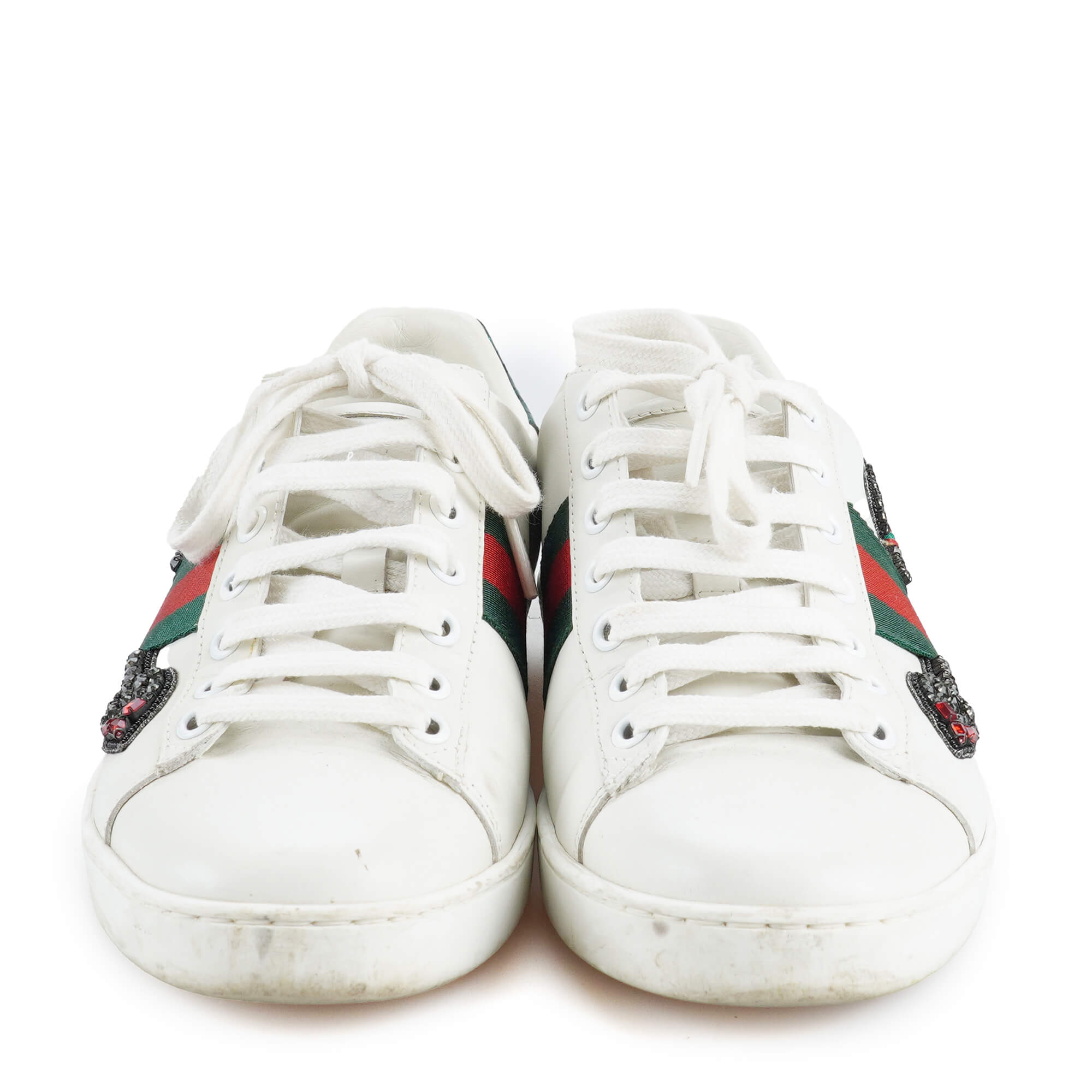 Gucci  - White Leather Ace Web Heart Detail Lace Up Sneakers